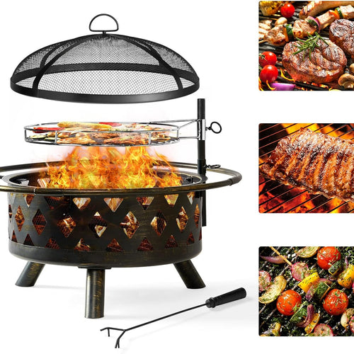 30 inch Fire Pit with Cooking Grate Grill, Outdoor Wood Burning Fire Pit with Cover & Fire Poker