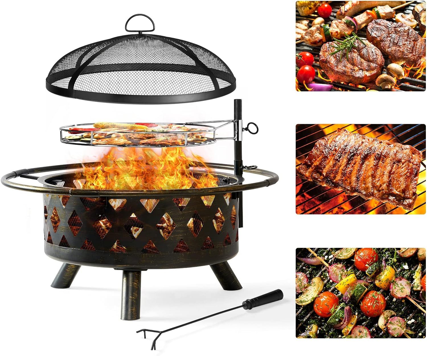 30 inch Fire Pit with Cooking Grate Grill, Outdoor Wood Burning Fire Pit with Cover & Fire Poker