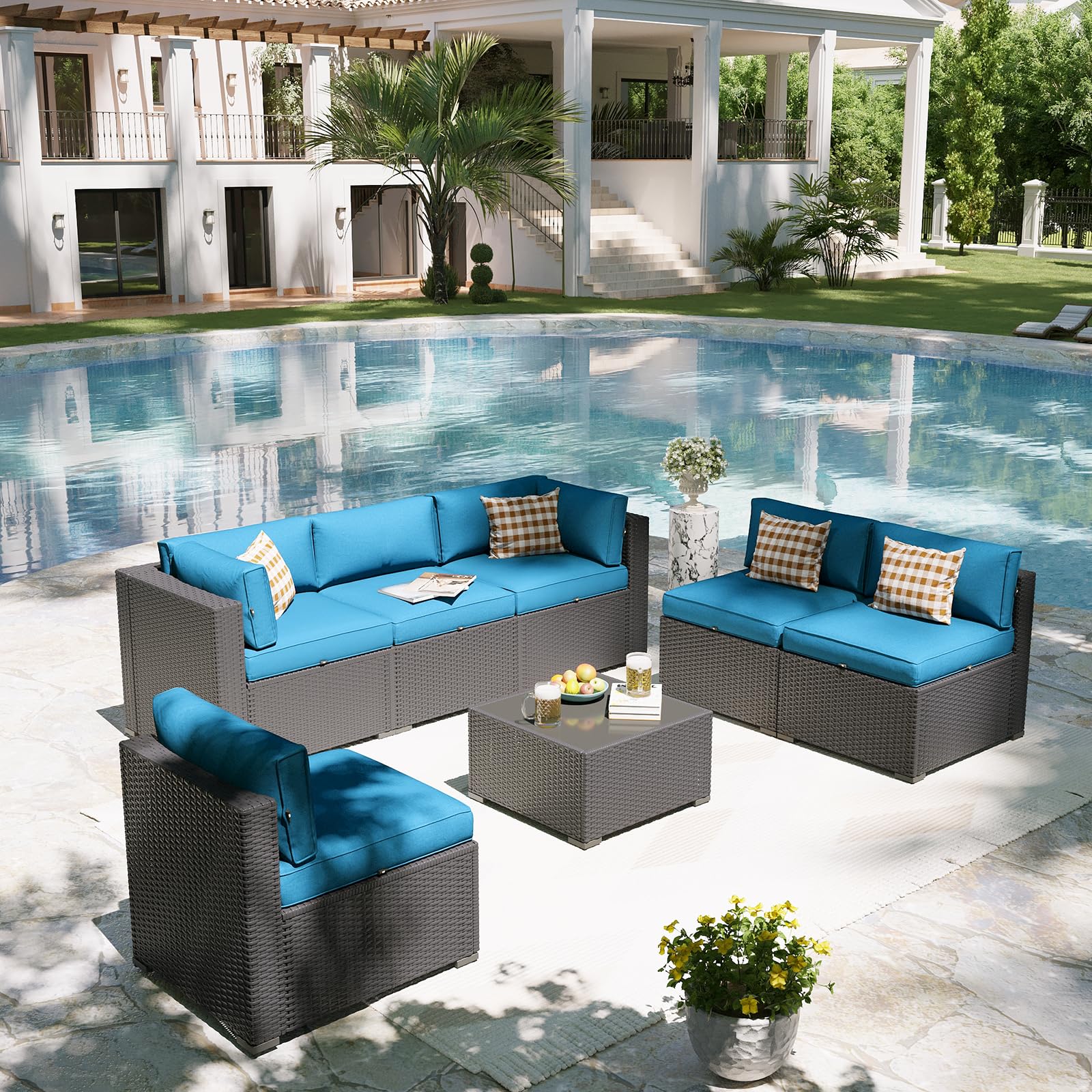 Aoxun Patio Furniture Set, 7 Piece Outdoor Sectional Sofas with Waterproof Cover, Wicker Rattan Outdoor Furniture Patio Conversation Set for Backyard, Garden Peacock Blue