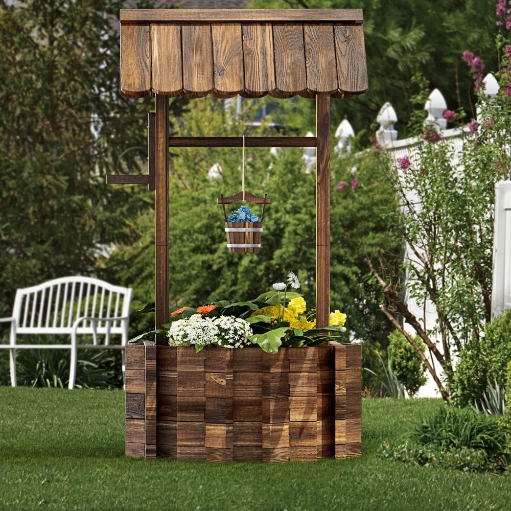 Hexagon Wooden Wishing Well Cover, Fake Well with Hanging Bucket (large size)