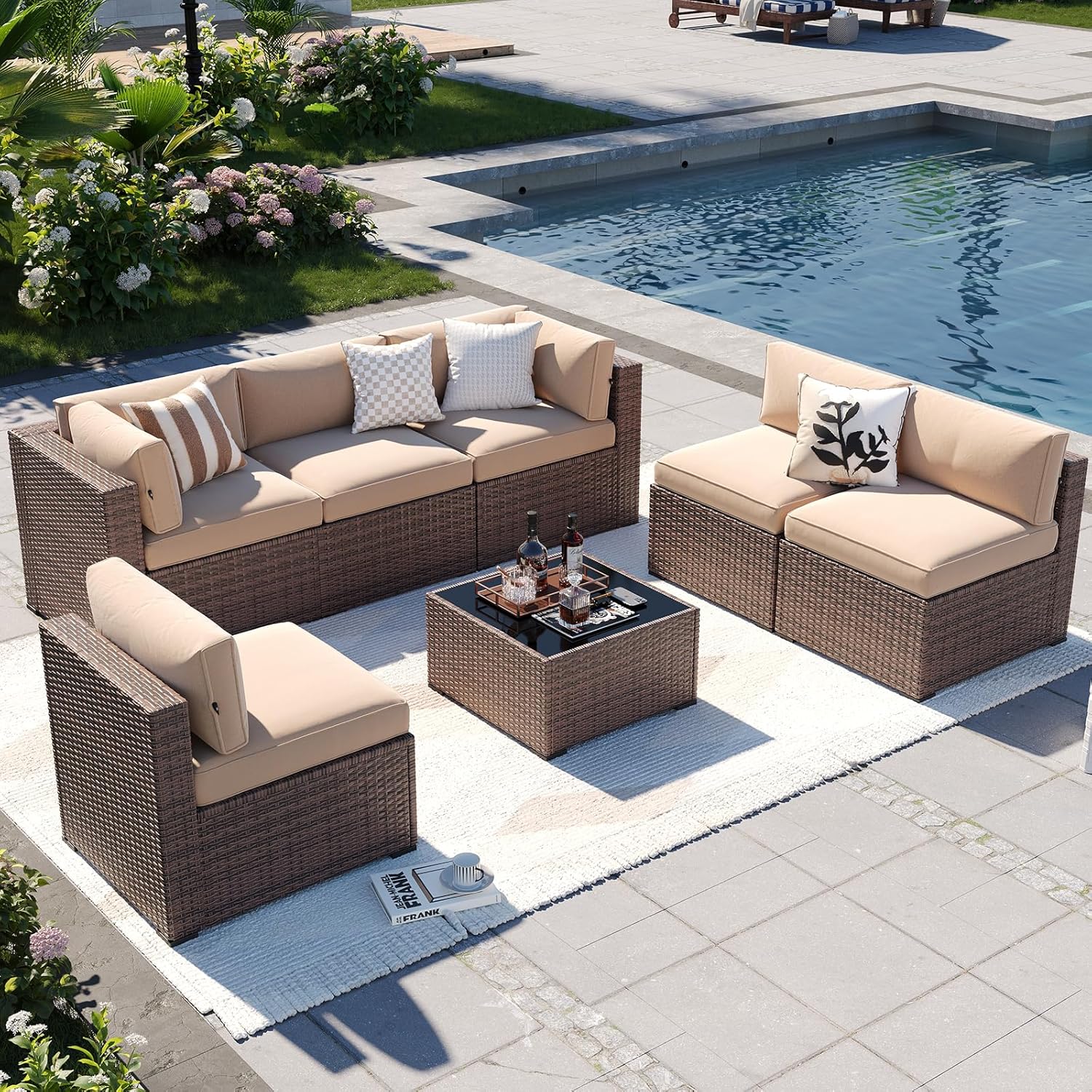 7 pcs Patio Wicker Sofa Sets with Umbrella / Fire Pit