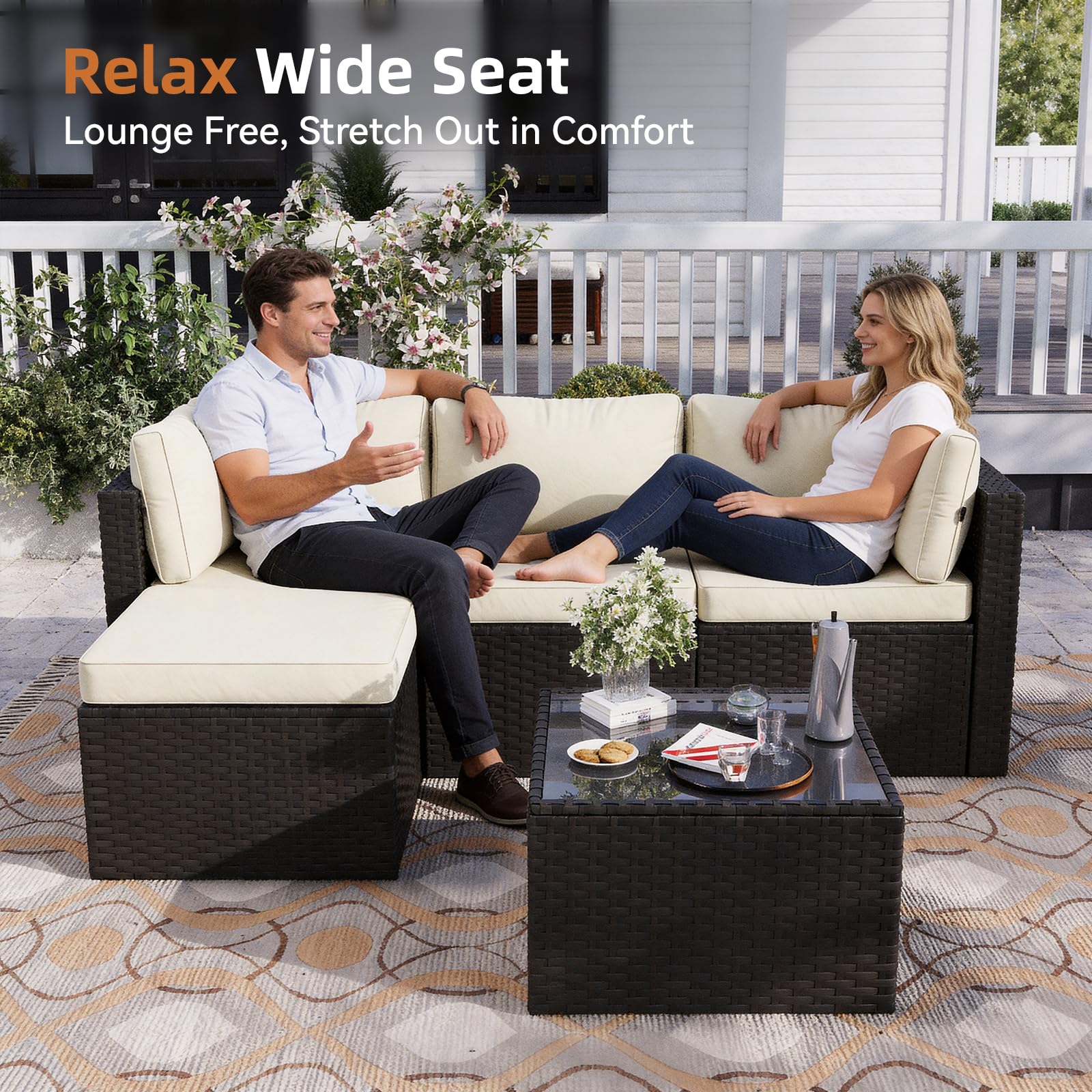 Aoxun Patio Furniture Set 5-Piece, Outdoor Sectional Sofas with Washable Cushion, Wicker Rattan Patio Conversation Sets for Backyard Porch and Poolside