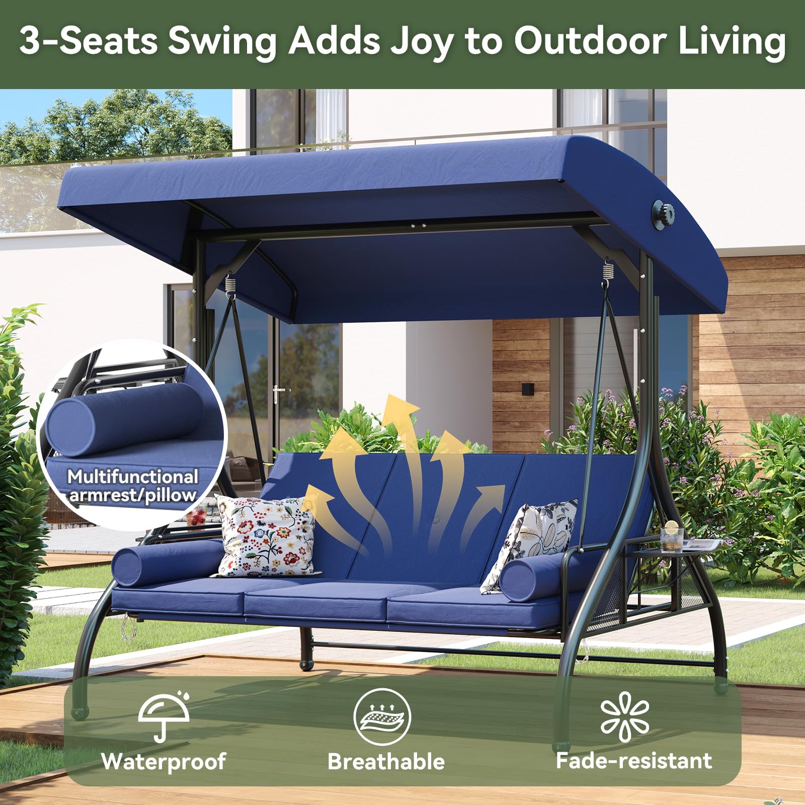 Aoxun Outdoor Porch Swing with Stand and Canopy, 3 Seats Outdoor Swings for Adults, Convertible 2 in 1 Swing Bed with Cup Holder, Patio Swings with Thicken Cushions for Garden, Yard & Balcony, Blue