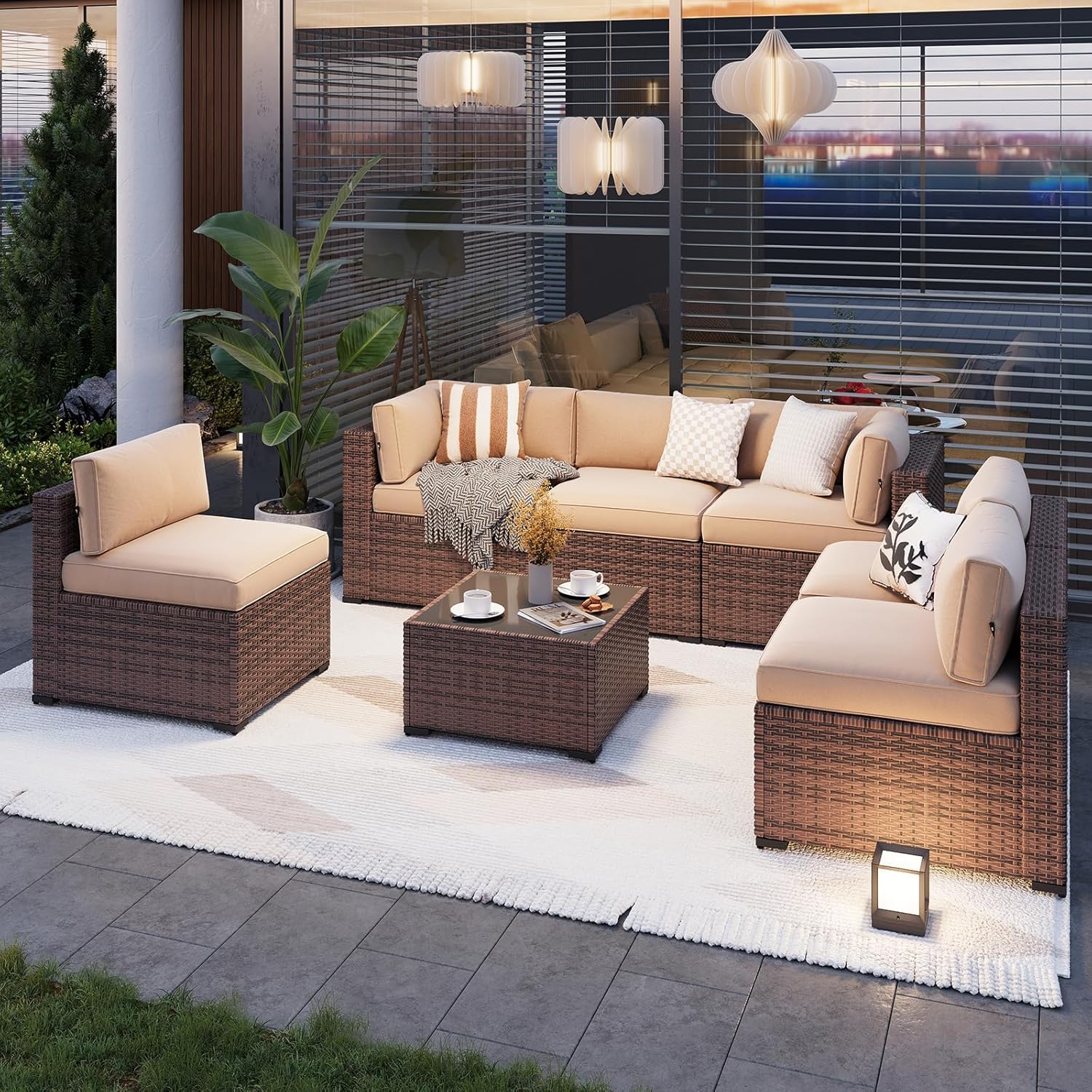 7 pcs Patio Wicker Sofa Sets with Umbrella / Fire Pit