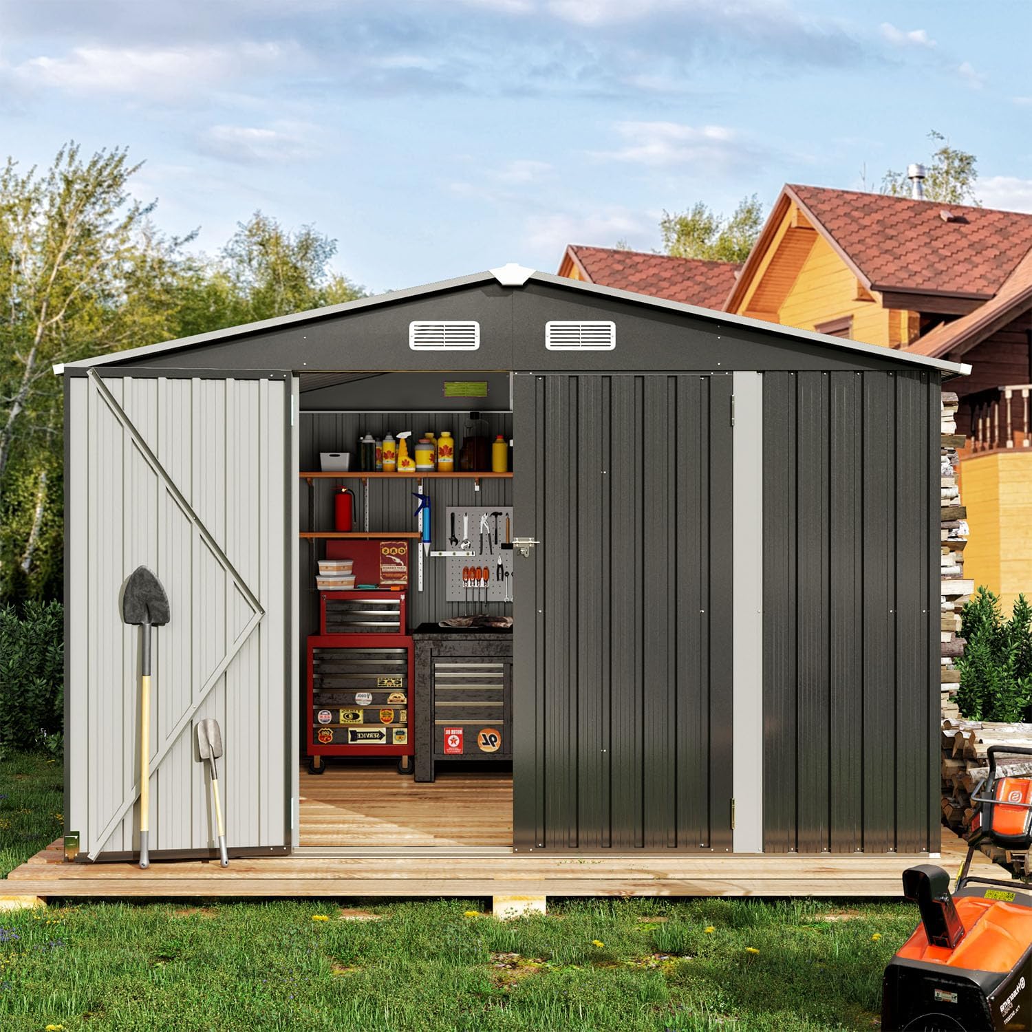 9.6 x 7.8 FT Metal Utility Tool Shed, Steel Storage Shed with Air Vent & Lockable Doors, Black