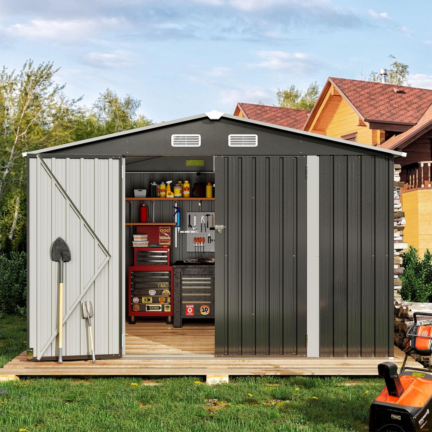 Utility Metal Shed, Steel Tool Shed with Air Vent and Lockable Door