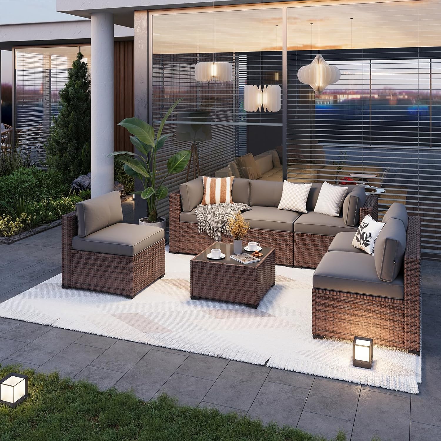 7 pcs Patio Wicker Sofa Sets with Umbrella / Fire Pit