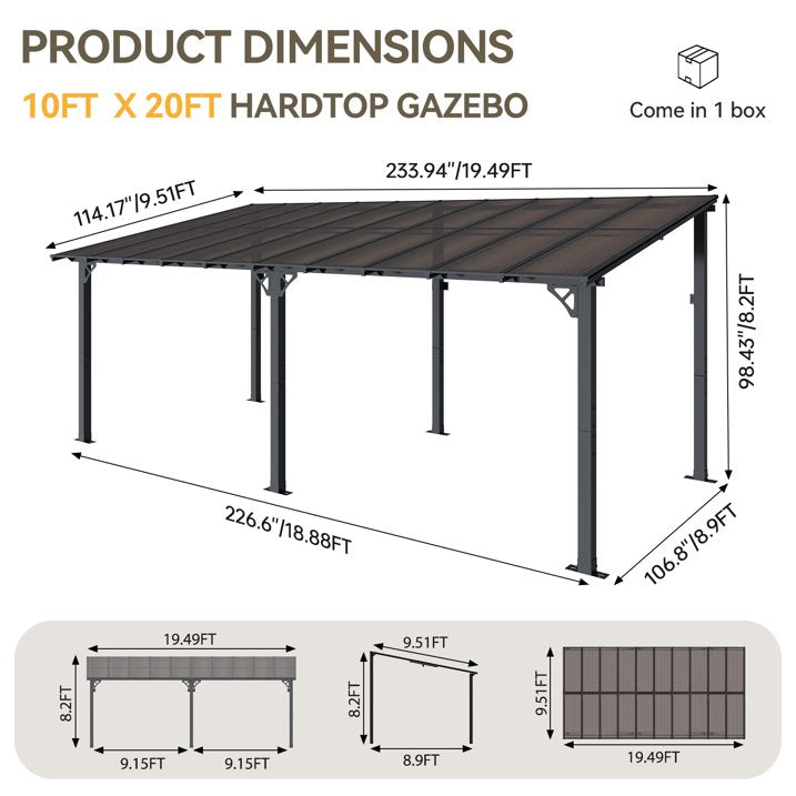 AOXUN 10' x 20' Hardtop Gazebo Outdoor Aluminum Pergola For Garden, Patio, Backyard-Black