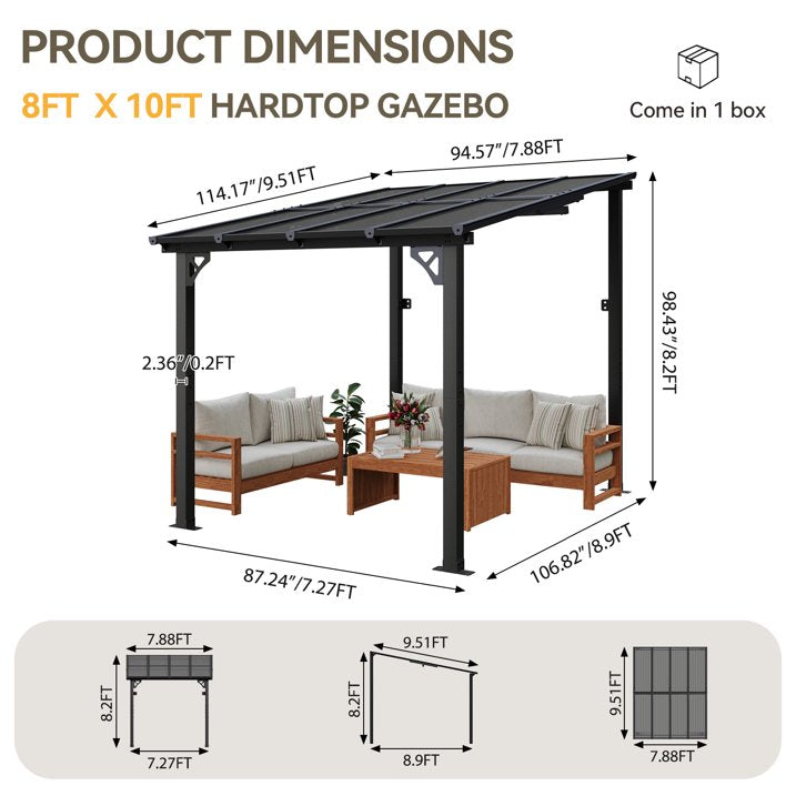 Aoxun 8’x10’ Gazebo, Wall Mounted Gazebos Pergola on Clearance, Outdoor Patio, Large Wall-Mounted Heavy Duty Awnings for Patio, Decks, Backyard（Gray）