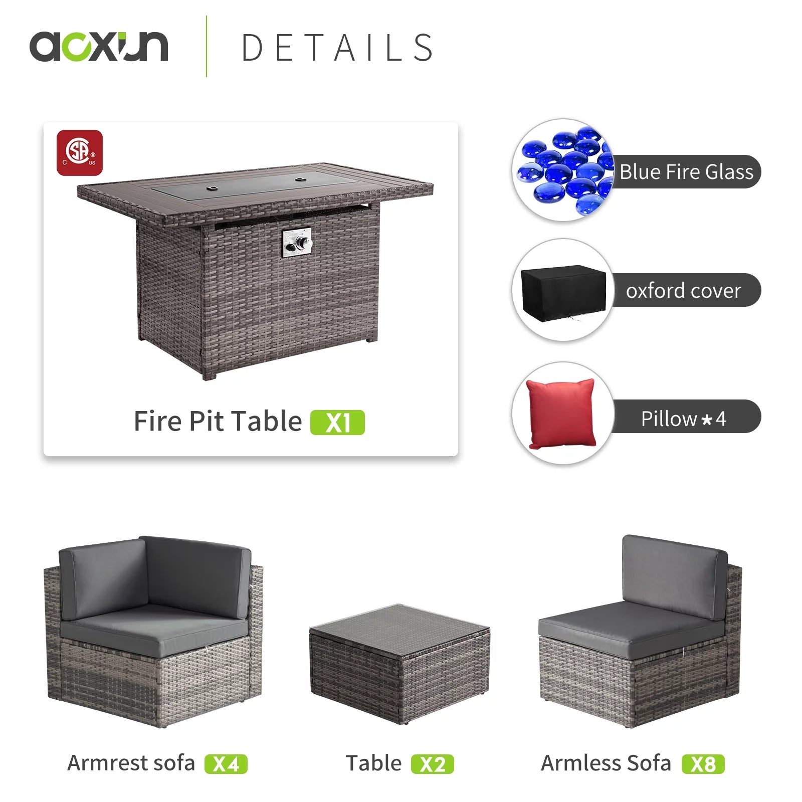 15-Piece Patio Furniture Set with Propane Fire Pit Table Wicker Outdoor Conversation Set, Gray