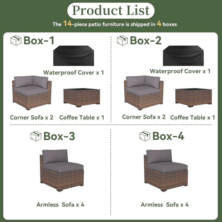 Aoxun 14 Piece Patio Furniture Set Wicker Rattan Patio Conversation Set Outdoor Sectional Sofa Set with Coffee Table and 4” Thickened Cushions, Gray(Waterproof Cover Included)