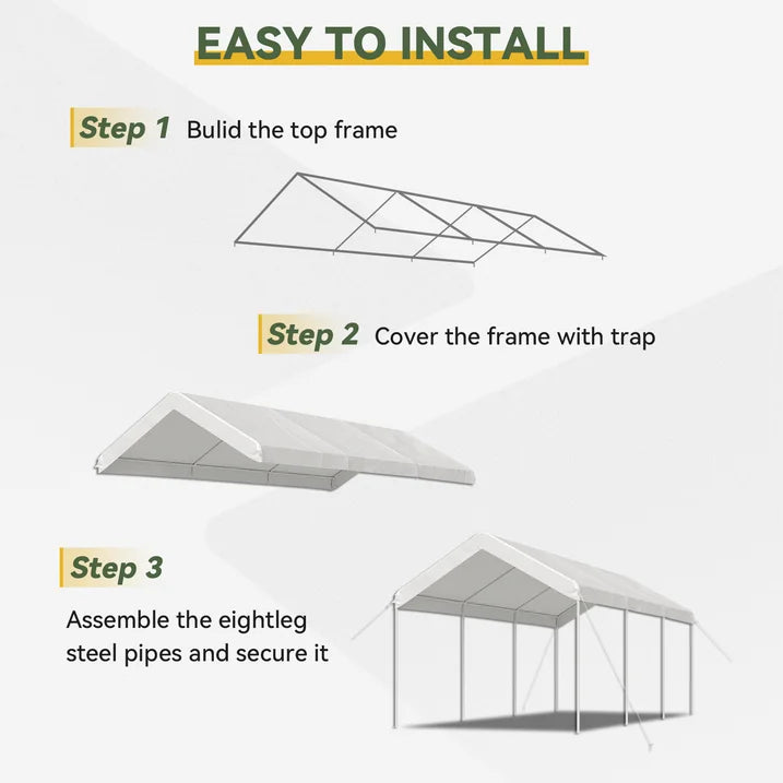 Aoxun 10x20 FT Heavy-Duty Portable Carport, Outdoor Car Canopy Shelter with Waterproof Tarp & Wind Resistant Design, Galvanized Steel Frame for Vehicle, RV, Boat, Truck Cover (White)
