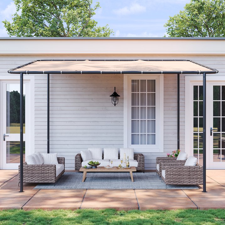 Aoxun 10x12 Lean to Gazebo Outdoor Pergola with Water Resistant & UV-Resistant, Wall-Mounted Canopy Sloped Roof Awning for Patio Backyard, Deck, or Garden Khaki