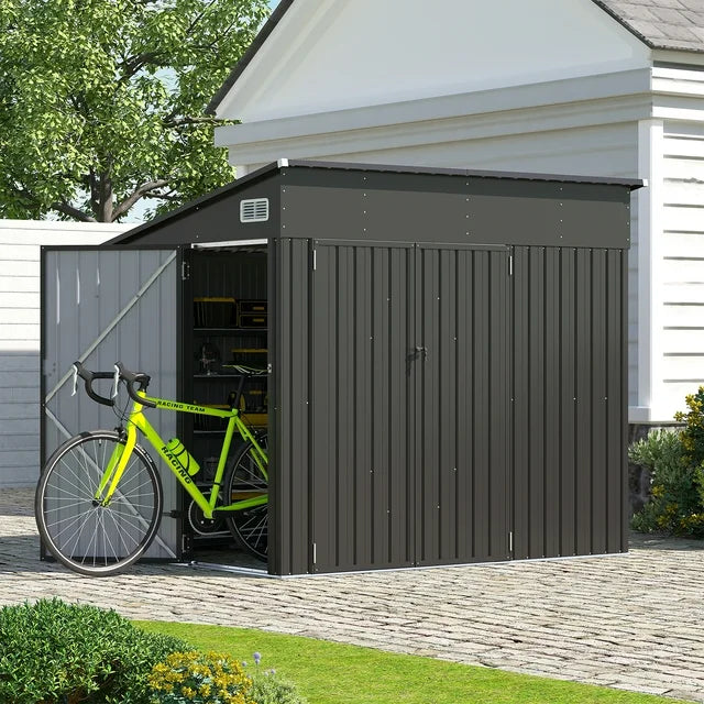 Aoxun 8' x 4' Lean-To Metal Storage Shed with Triple Doors, Black