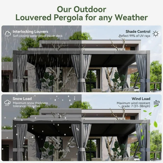 10' x 12' Louvered Pergola, Outdoor Aluminum Pergola with Adjustable Top for Decks, Gardens and Backyards