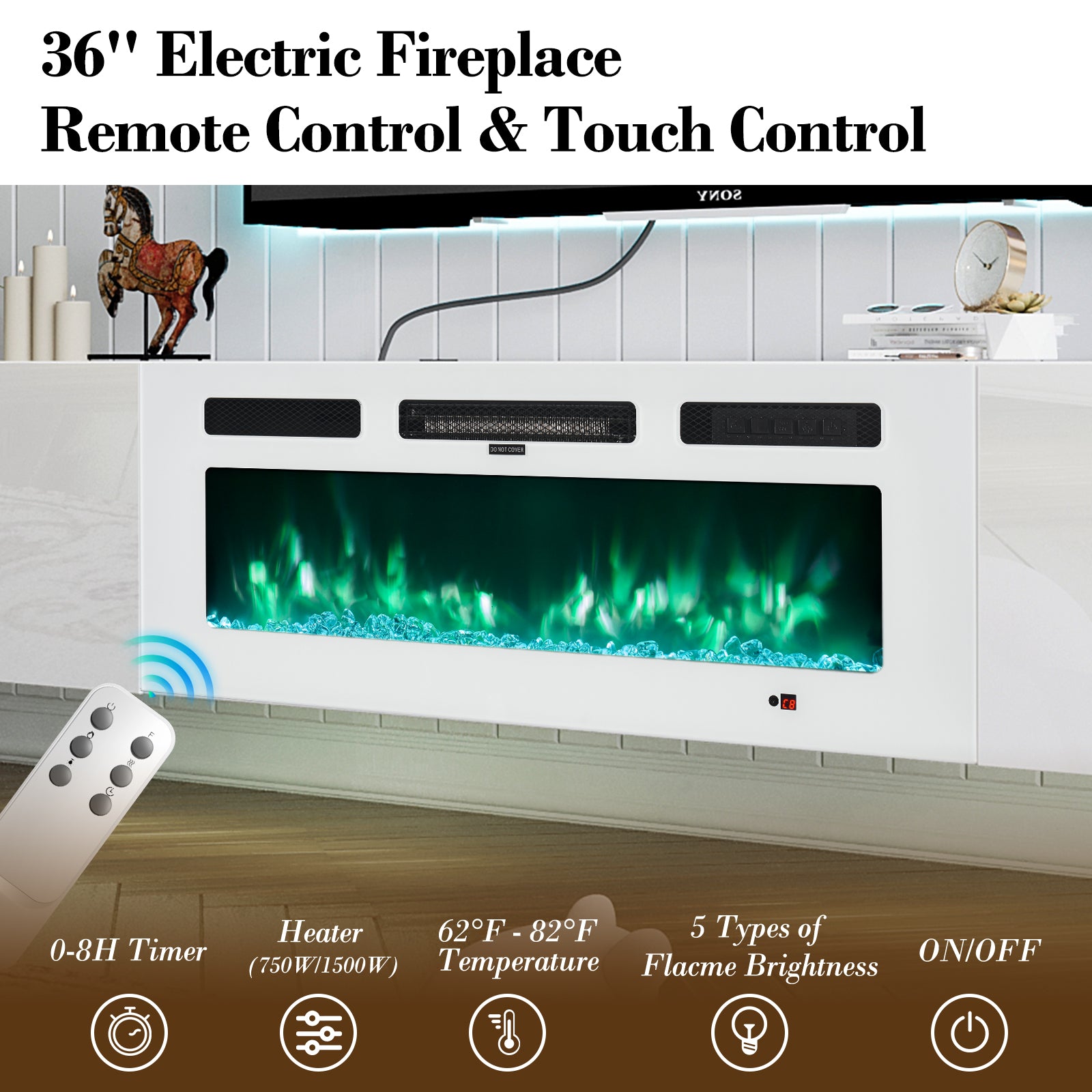 Floating Fireplace TV Stand for TVs up 80", Wall Mounted Fireplace Entertainment Center with 12 LED Colors, 70'' Console Table with Electric Fireplace, White