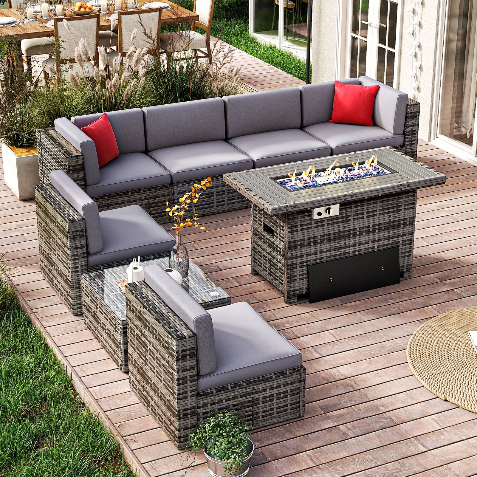 7 Pcs Patio Furniture Sets with Coffee Table, Outdoor Sectional PE Rattan Wicker Conversation Sets for Deck, Garden, Pool, Gray