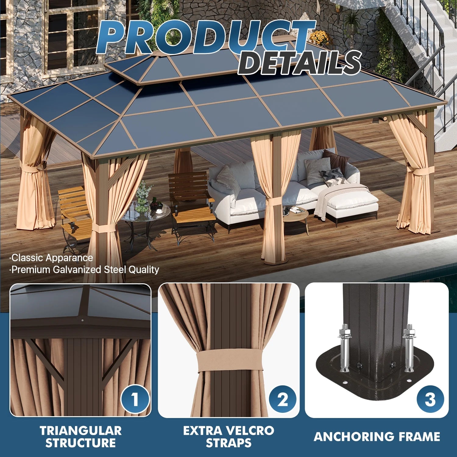 Sunmthink 12' x 20'Hardtop Gazebo,Polycarbonate Double Roof,Aluminum Frame with Curtains and Netting for Patio,Garden,Brown