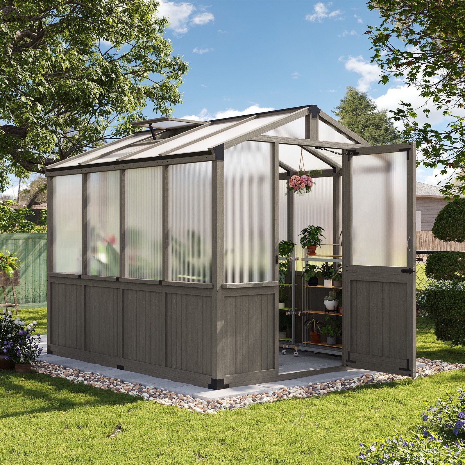 AOXUN 6' x 8' Outdoor Cedar Wood Greenhouse, Walk-in Greenhouse with Adjustable Roof Vent and Lockable Door