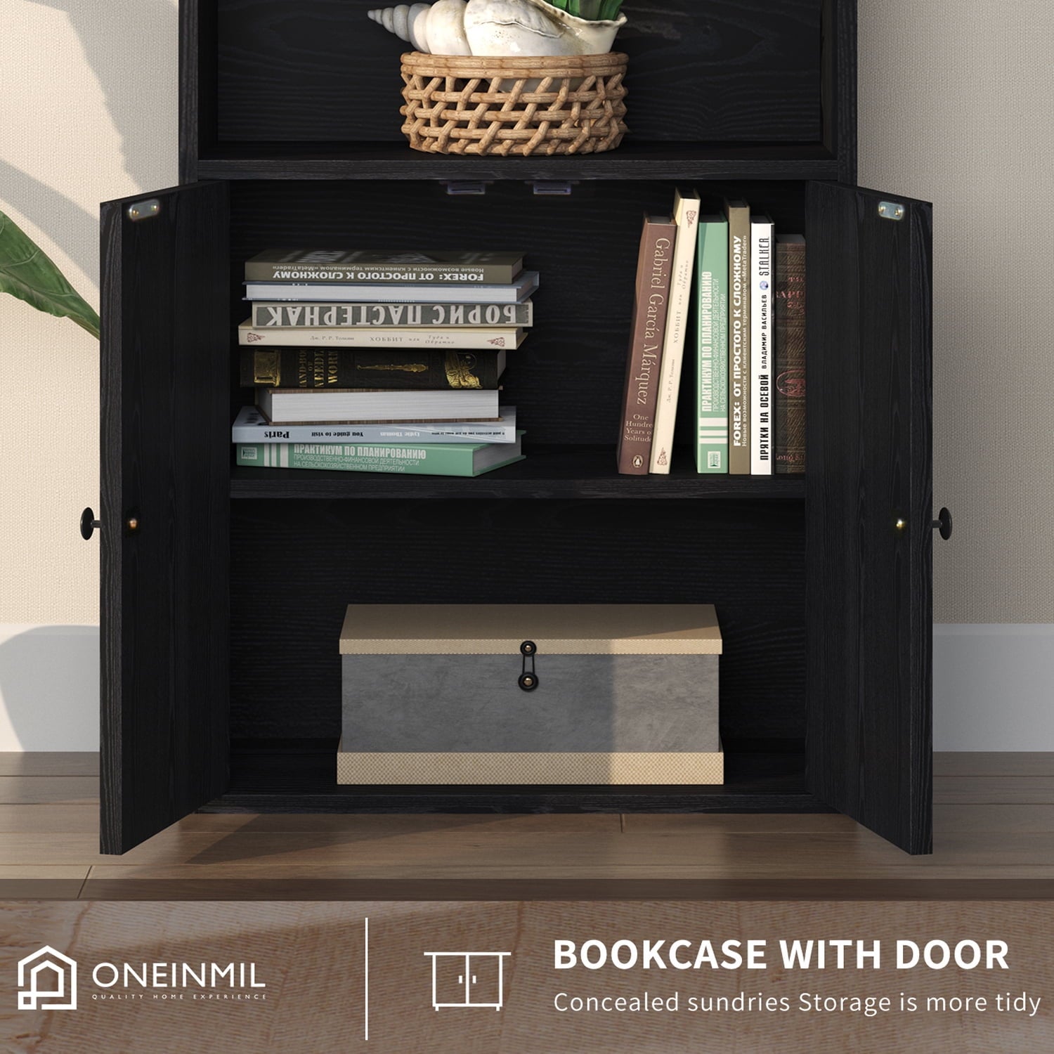 6 Shelf Bookcase with Doors 71in Tall Bookshelf for Home Office, Black