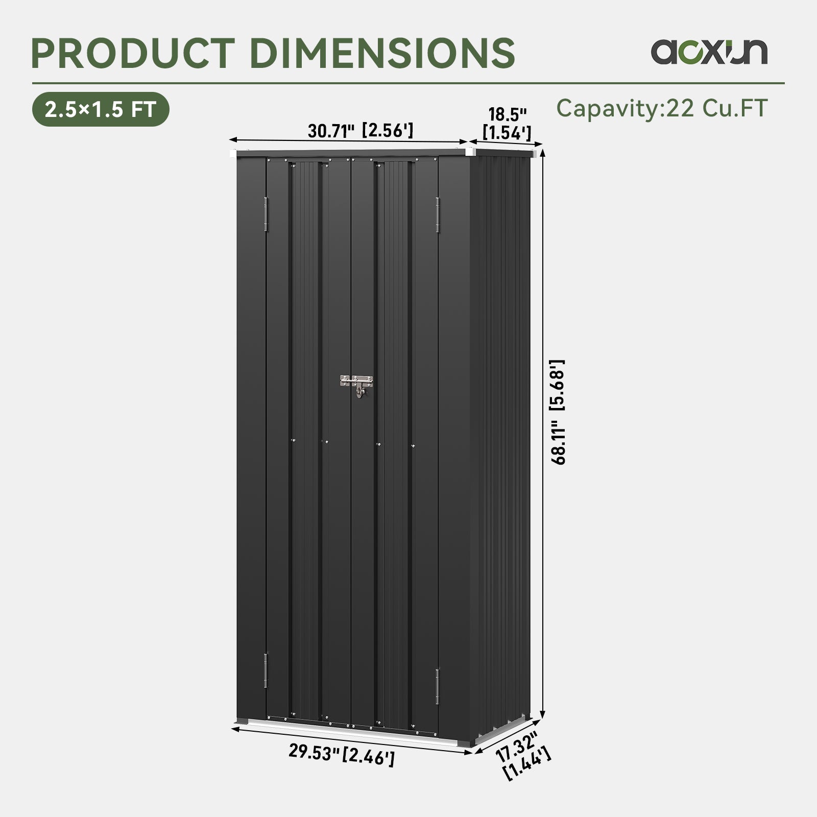 Aoxun 2.5’x1.5’ Outdoor Storage Cabinet, Outdoor Metal Storage Shed with 2 Adjustable Shelves & Lockable Doors, Vertical Tool Shed for Patio Garden, Garage, Porch, Black