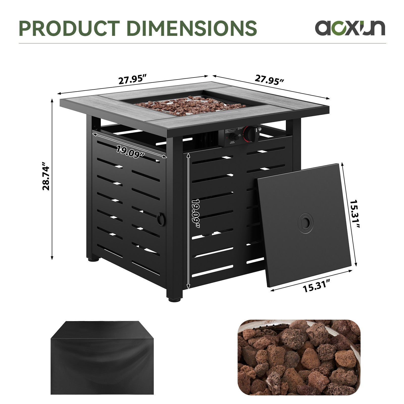 Aoxun 28" Propane Fire Pit Table, 50000 BTU Outdoor Patio Heater with Ceramic Top & Lava Rocks, Square Gas Fire Pits for Outside Patio with Removable Lid, Black