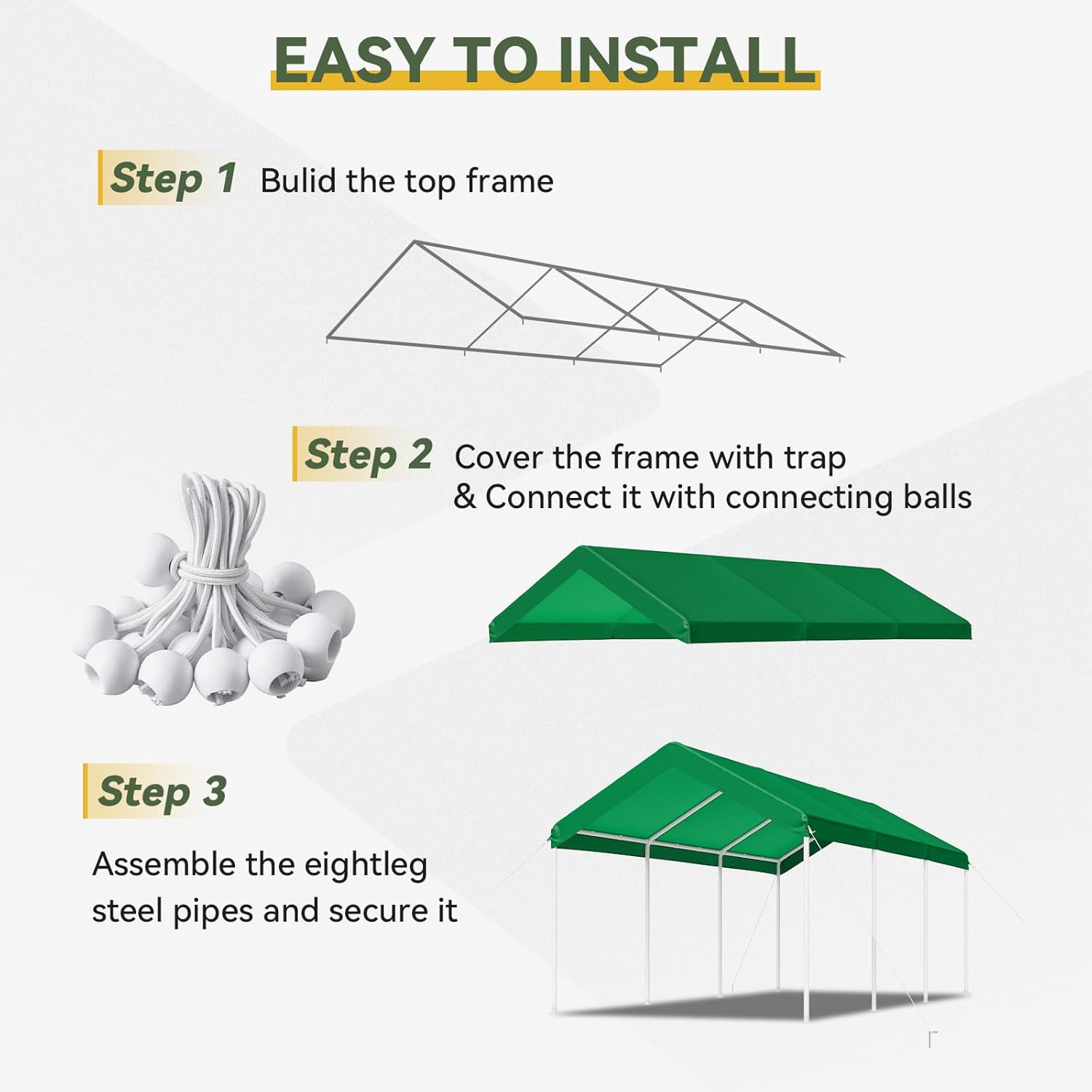 Aoxun 10x20 ft Heavy Duty Carport with Tarp & Wind Resistance Portable Carport Car Tent Outdoor Car Port with Tear Resistant Canopy, No Sidewall - Light Green