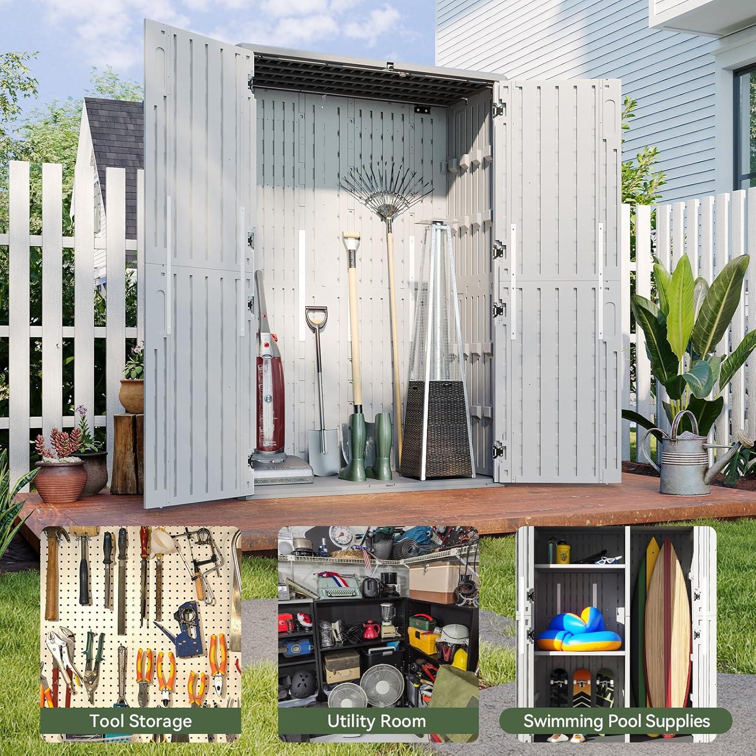 Resin Vertical Shed with Floor, Tall Tool Shed with Lockable Doors, DIY Friendly, 64 Cubic Feet