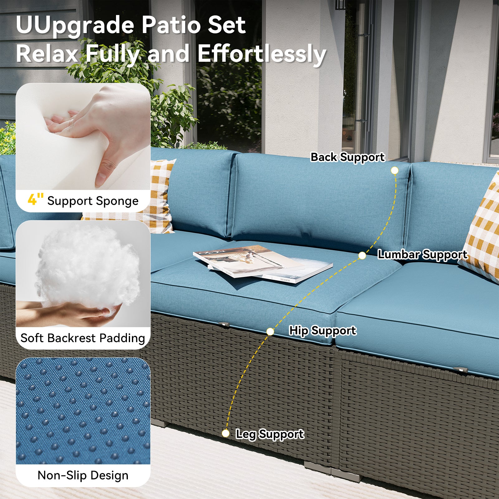 Aoxun Patio Furniture Set, 7 Piece Outdoor Sectional Sofas with Waterprool Cover, Wicker Rattan Outdoor Furniture Patio Conversation Set for Backyard, Garden Peacock Blue