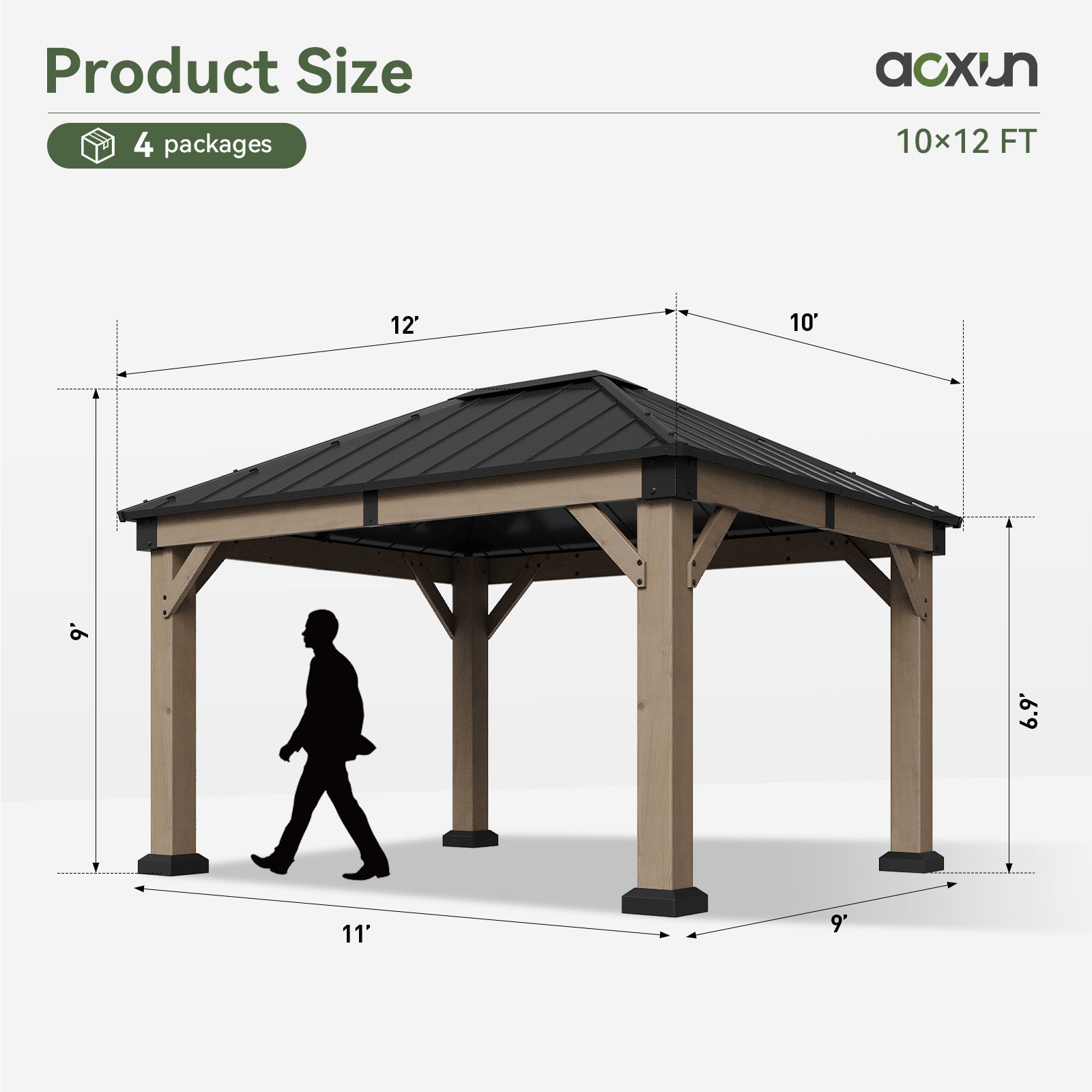 10' x 12' Outdoor Wood Gazebo, Hardtop Gazebo Permanent Wooden Pavilion with Galvanized Steel Roof, for Patio, Garden, Deck, Cedar Wood