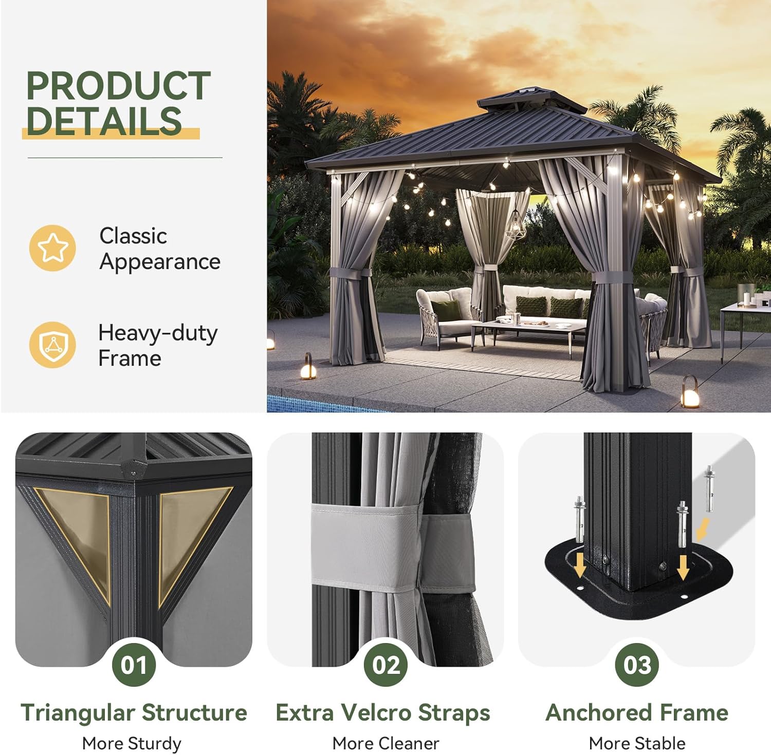 12'x12' Hardtop Gazebo, Aluminum Frame Canopy with Double Galvanized Steel Roof, Outdoor Metal Pavilion with Netting, Curtains for Backyard, Patio and Deck