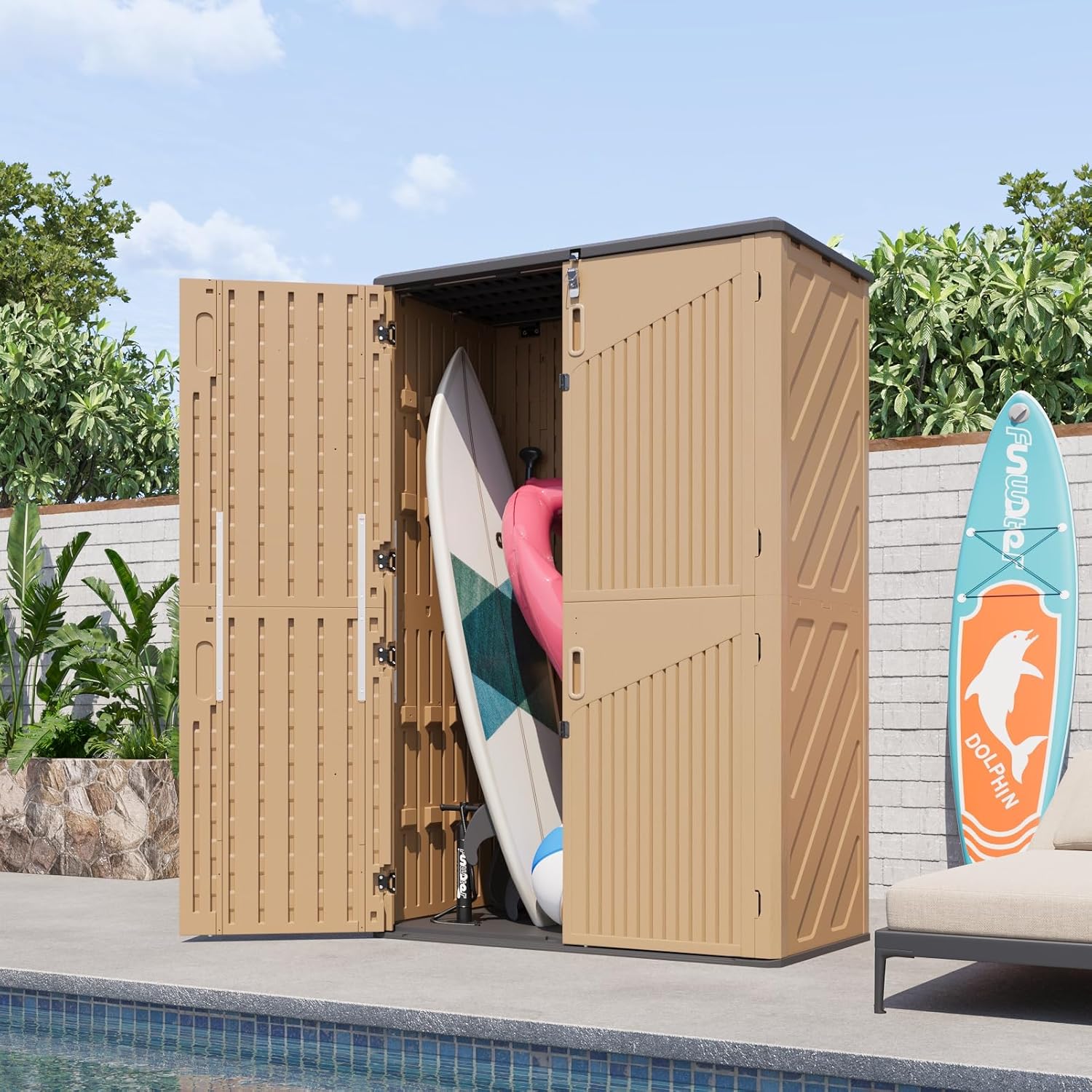 Aoxun Outdoor Storage Shed with Floor, 64 Cu.Ft Large Outdoor Storage Cabinet, Waterproof Vertical Resin Shed for Garden Tools, Pool Equipment, Brown