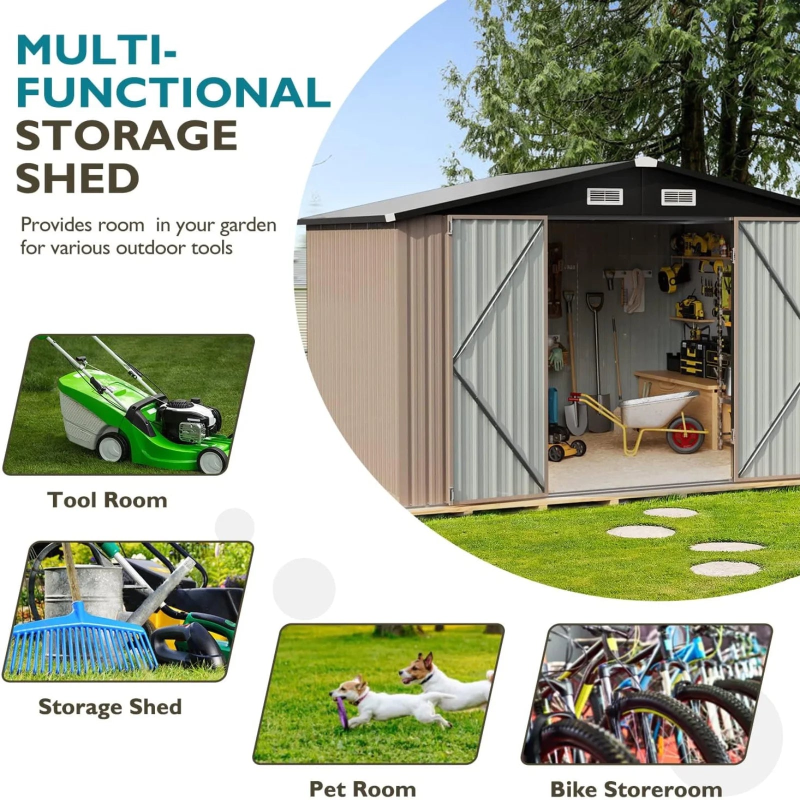 9.7' x 7.6' Outdoor Storage Shed, Metal Garden Shed with Door & Lock, Tool Storage Shed for Patio, Backyard