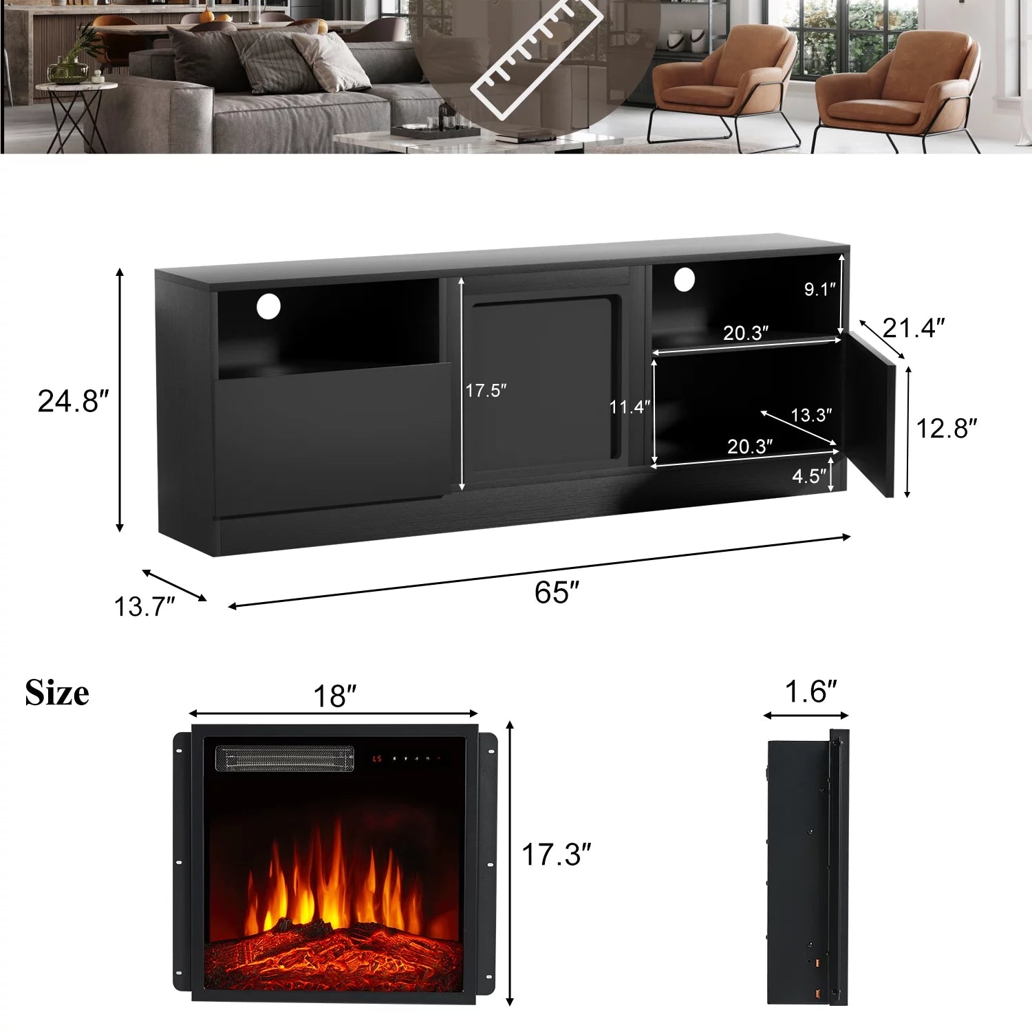 65" Fireplace TV Stand for TVs up to 75", TV Stand with Electric Fireplace, Console Entertainment Center, Black