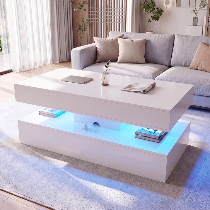 Sonegra 47" High-Glossy LED Lift Top Coffee Table with 2 Sliding Drawers, Large Open Storage Space & Ambient LED Lighting, Modern Double-Layer Livingroom Table, White