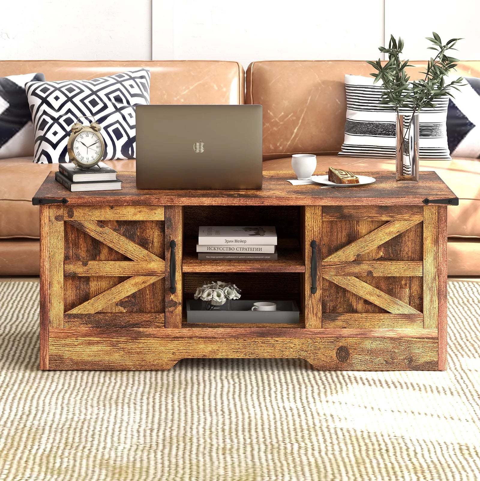 Coffee Table, Farmhouse & Industrial Center Table with Storage, Rustic Style Wooden Living Room Table, Brown