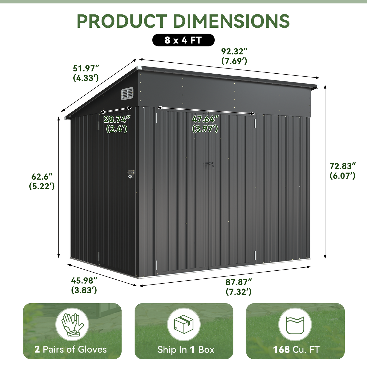 Aoxun 7.5'x4' Triple Door Shed Outdoor Storage Shed Black Metal Storage Cabinet with Slopping Roof for Tools Bicycles Storage for Garden,Patio, Backyard