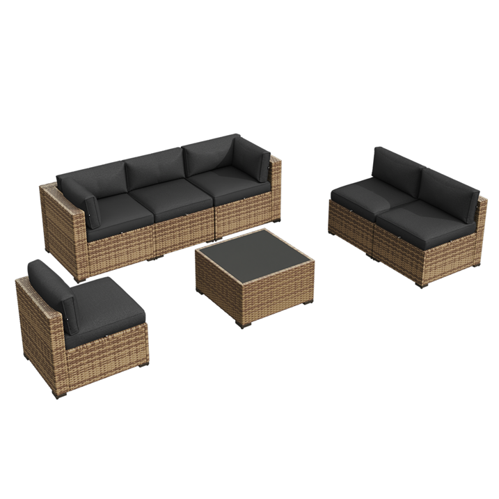 Aoxun 7 Piece Patio Furniture Set Wicker Rattan Patio Conversation Set Outdoor Sectional Sofa Set with Coffee Table and 4” Thickened Cushions, Black(Waterproof Cover Included)
