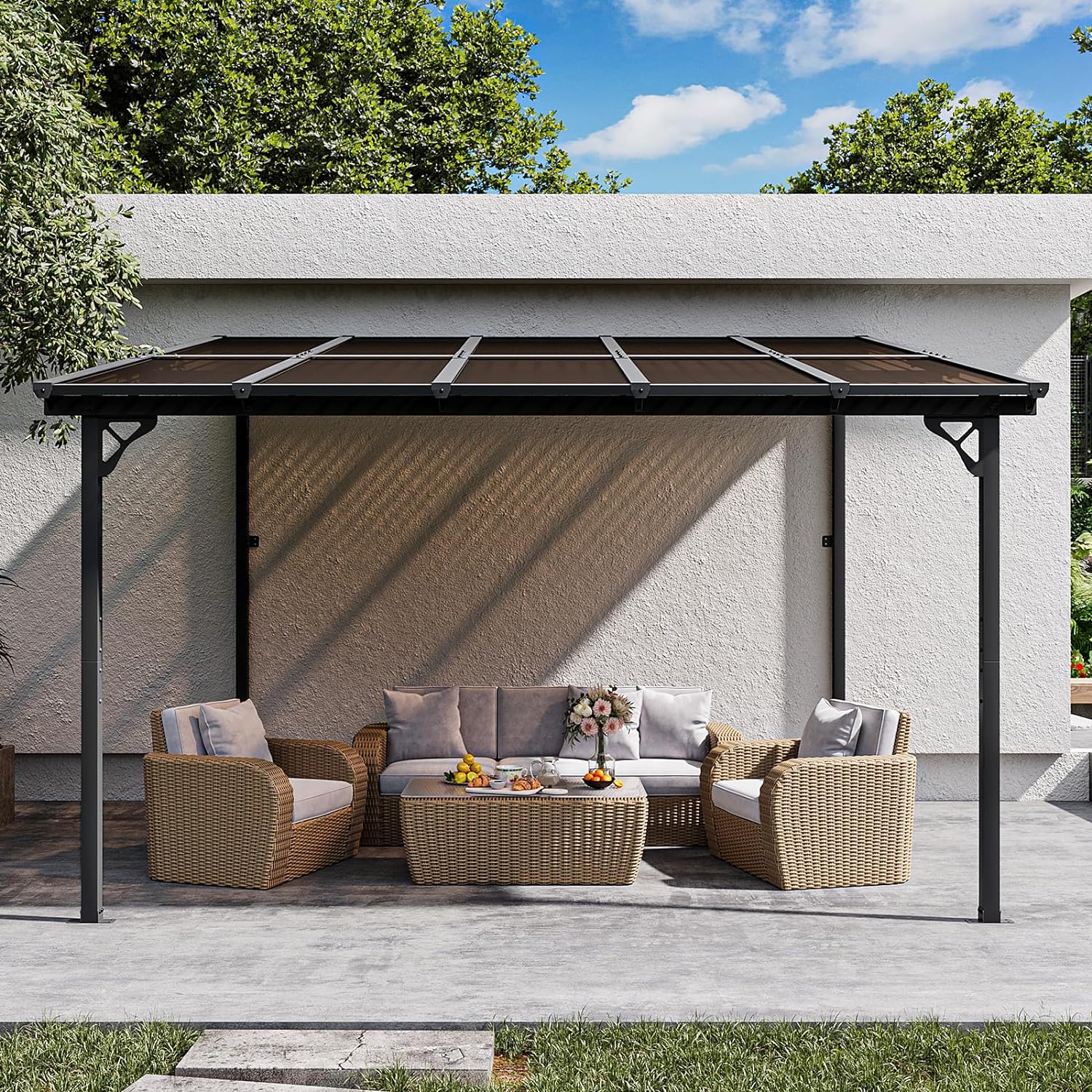 Wall Mounted Lean To Gazebo, Polycarbonate Awnings with Sloped Roof
