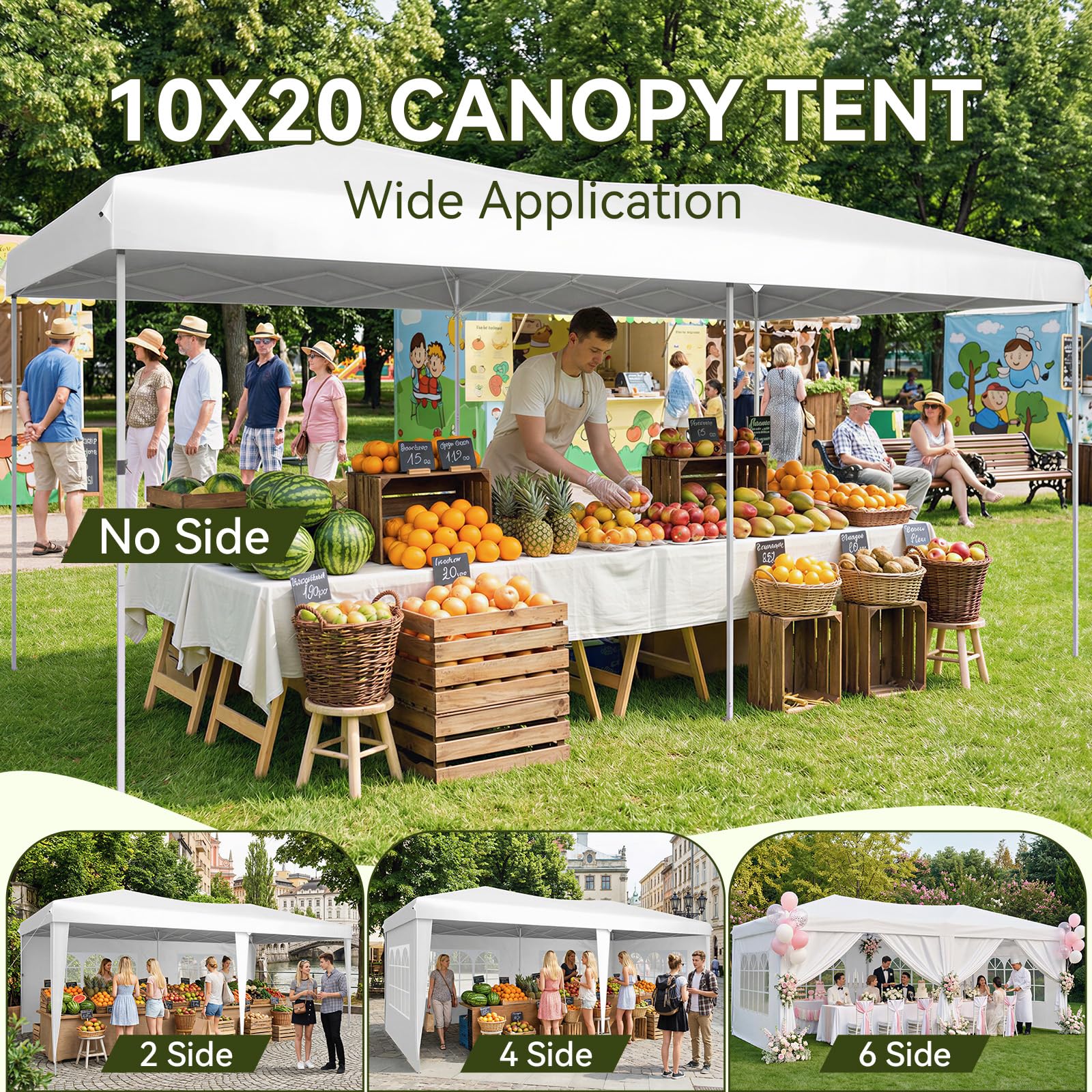 Aoxun 10x20 Pop Up Canopy Tent with 6 Removable Sidewalls, One Push Party Tent Waterproof Outdoor Canopy with 3 Adjustable Height, Portable Tents for Parties, Wedding, Commercial, Market
