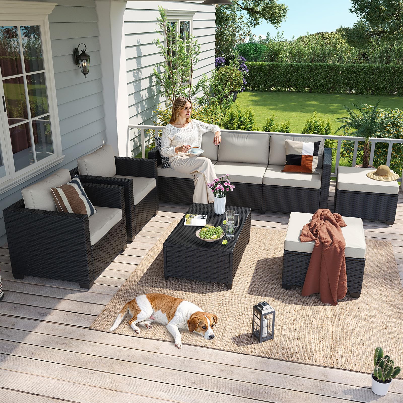 Aoxun 8 Piece Outdoor Patio Furniture Set 7 Seats, Outdoor Sectional with Thick Waterproof Cushions, Patio Conversation Sets for Garden,Backyard, Porch, Balcony, Deck, Black & Beige