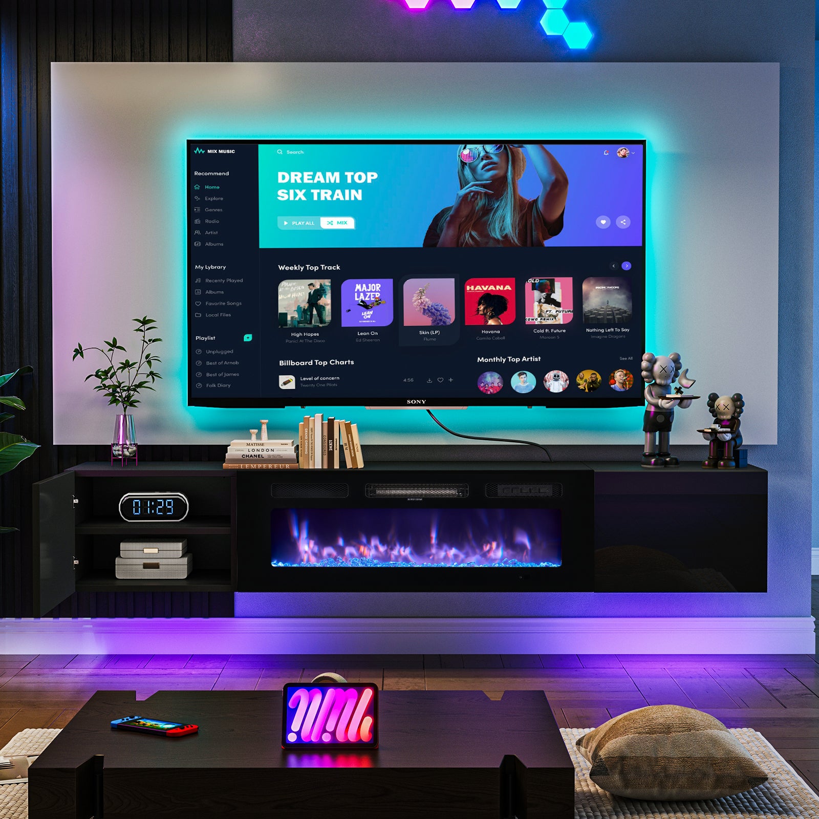 Floating Fireplace TV Stand for TVs up 80", Wall Mounted Fireplace Entertainment Center with 12 LED Colors, 70'' Console Table with Electric Fireplace, Black