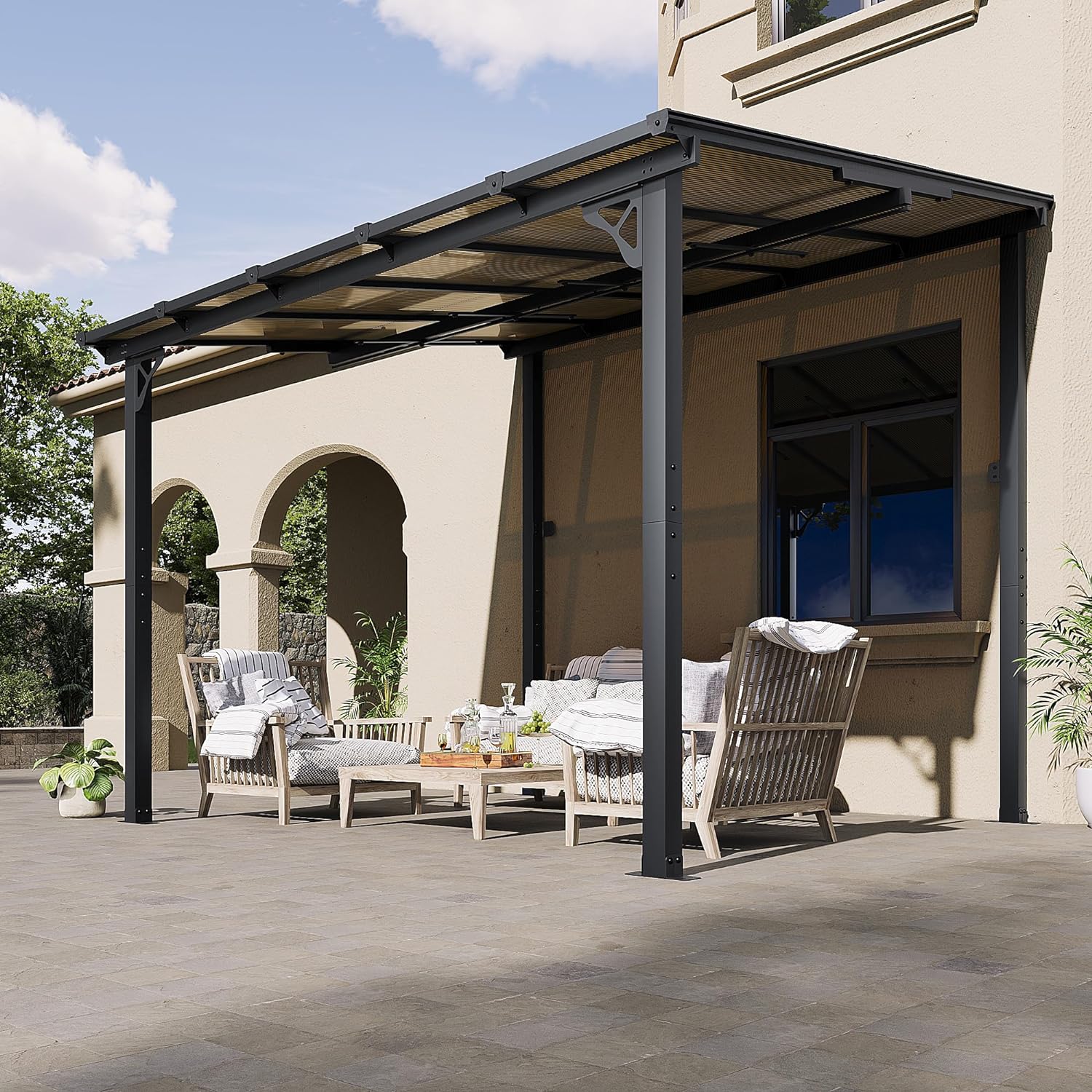 Wall Mounted Lean To Gazebo, Polycarbonate Awnings with Sloped Roof