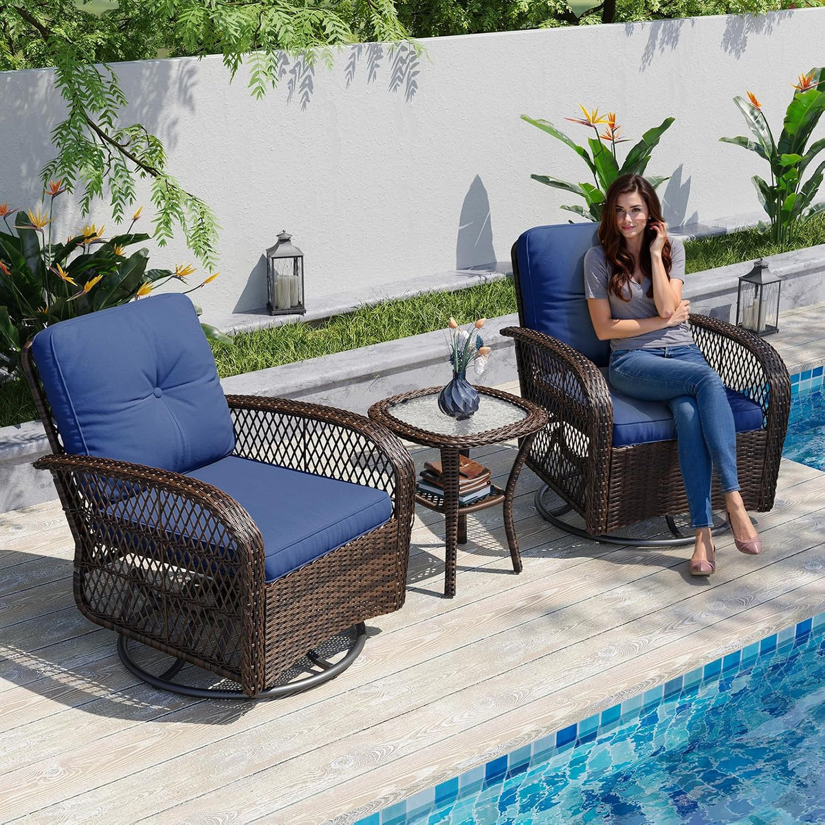 Aoxun 3-Piece Wicker Patio Bistro Set with Swivel Rocking Chairs