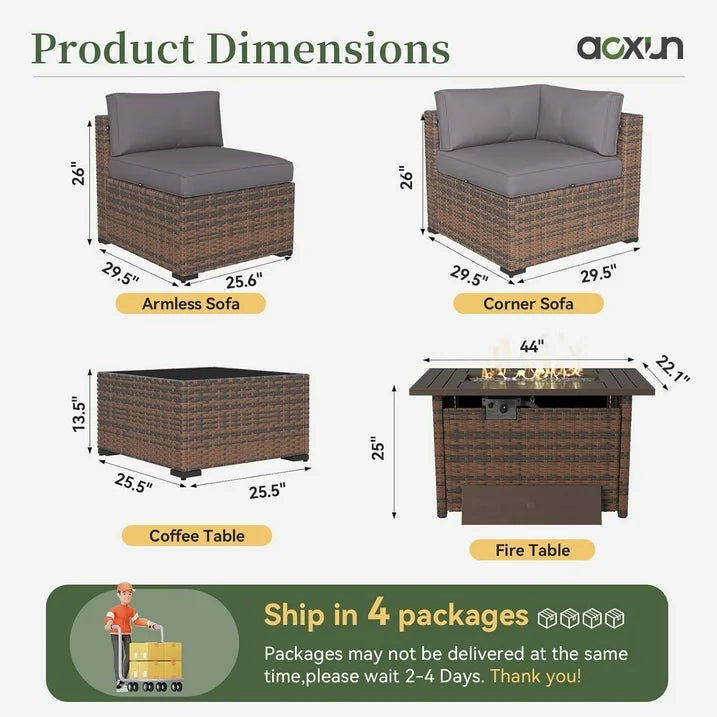 Aoxun 12 Piece Patio Furniture Set with 44” Fire Pit Table Wicker Rattan Outdoor Sectional Sofa Set with Coffee Table and 4” Thickened Cushions, Gray (Waterproof Cover Included)