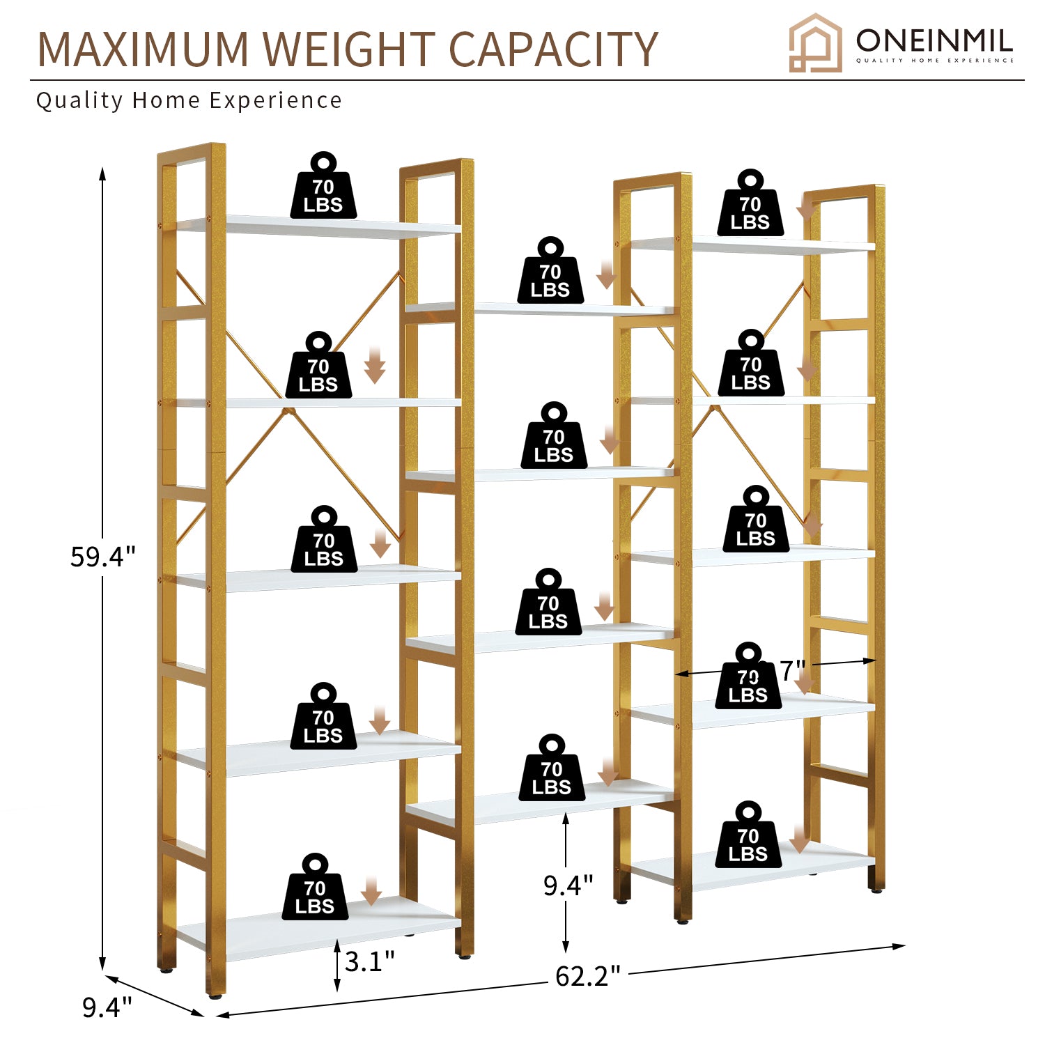 5-tier Bookcase Triple Wide 59" Tall Bookshelf for Home Office, Gold