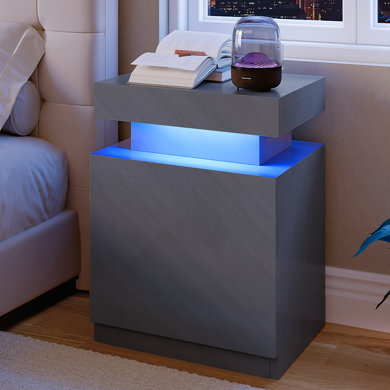 Nightstand Set of 2, LED Nightstand with Cabinet, Bedside Table with LED Lights, Modern End Side Table for Bedroom, Gray