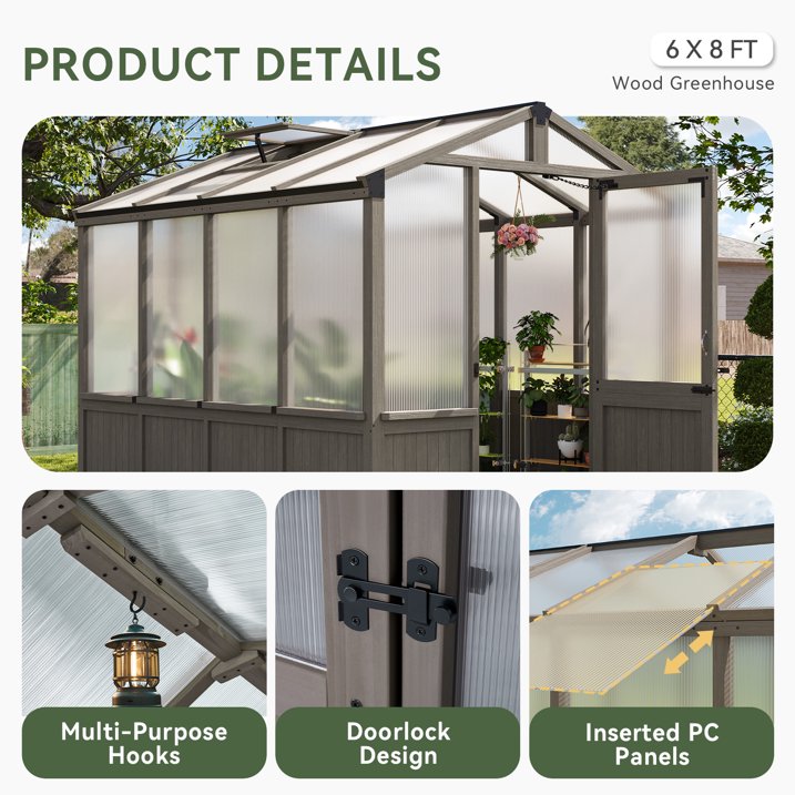 AOXUN 6' x 8' Outdoor Cedar Wood Greenhouse, Walk-in Greenhouse with Adjustable Roof Vent and Lockable Door