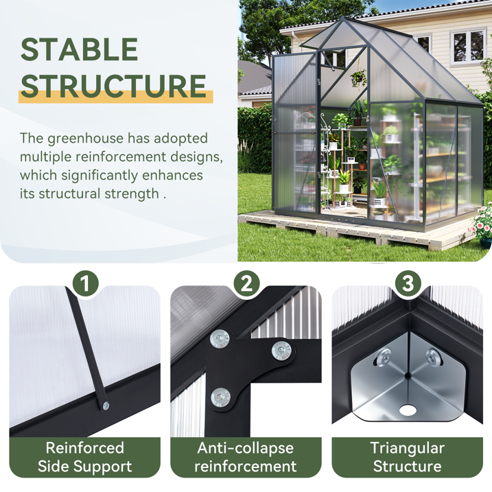 AOXUN 4'x6' Outdoor Greenhouse, Walk-in Polycarbonate Green House with Aluminum Frame for Backyard, Black