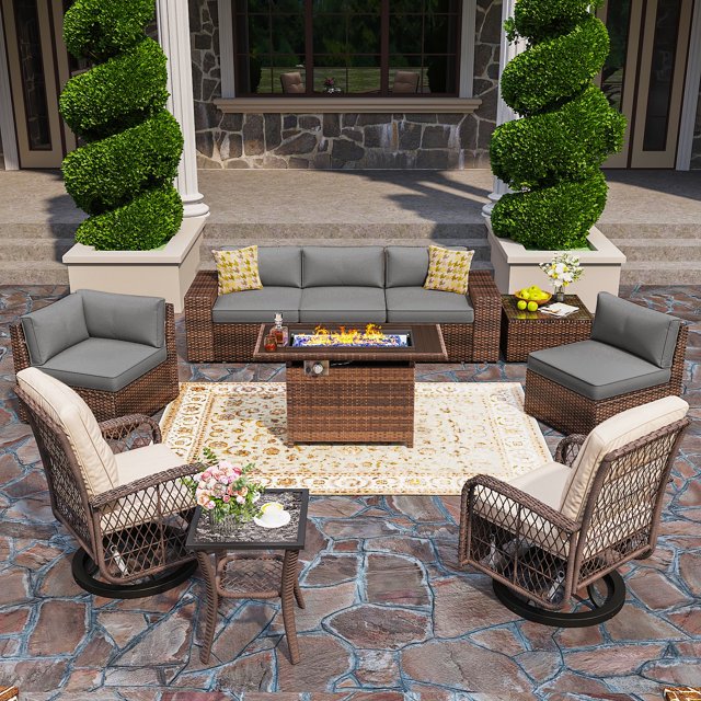 10pcs Outdoor Patio Furniture Sets with Fire Pit Table, PE Rattan Wicker Conversation Sofa Set with Swivel Chairs and Coffee Table for Lawn, Backyard,Balcony, Gray